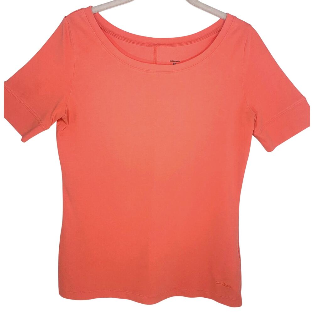 PATAGONIA Vitaliti T-Shirt Small Coral Orange Boat Neck Tee Short Sleeve EUC